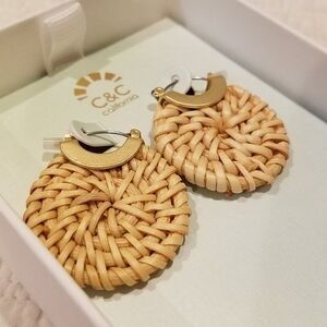 Beachy Round Gold Tone Wicker Earrings